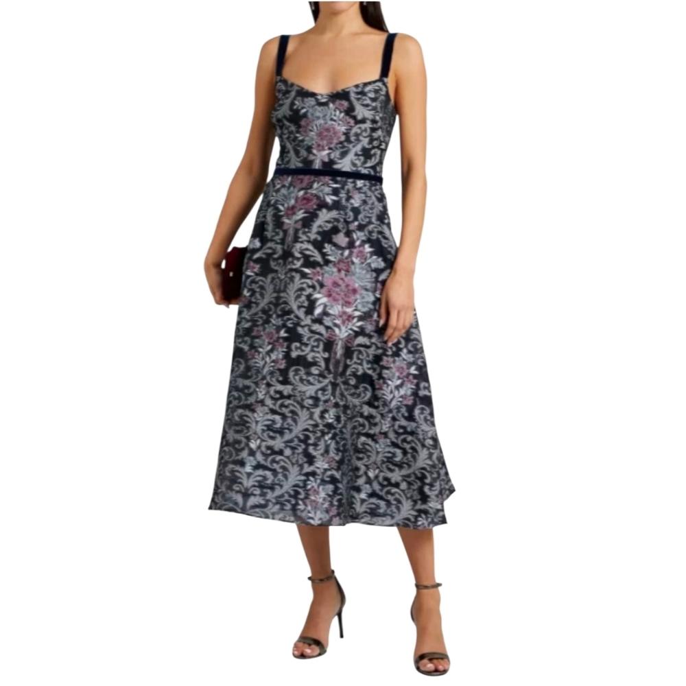 Marchesa Notte Flared Metallic Fil Coupé Organza Midi Dress Size 12 VGUC